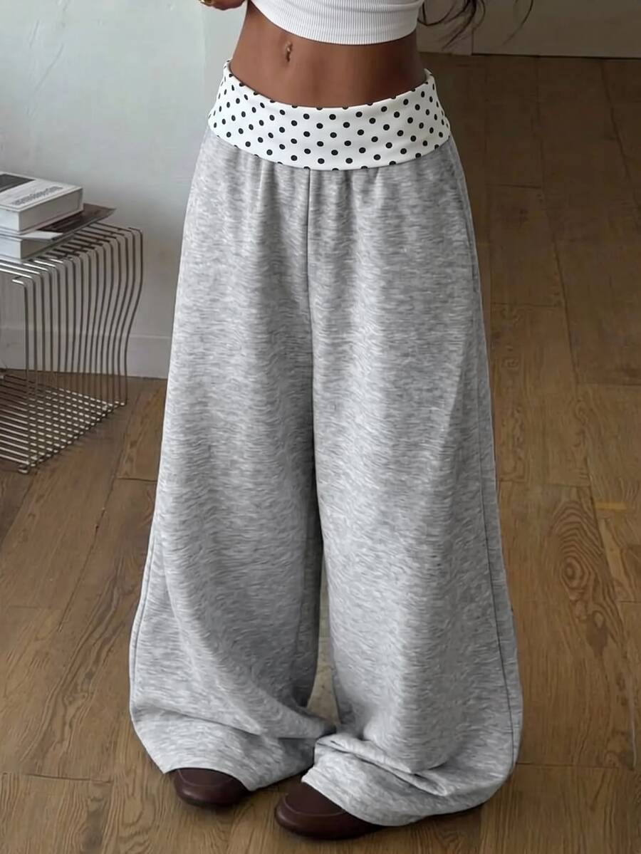 SHEIN Kids Tween Girl Knit Solid Color Patchwork Polka Dot Loose Straight Leg Casual Pants Fall Clothes - Grey - View 1