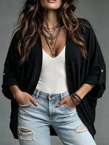 SHEIN LUNE CURVE Plus Size Women's Casual Fashion Versatile Long Sleeve Jacket Suitable For Autumn/Winter Fall - Black - View 8