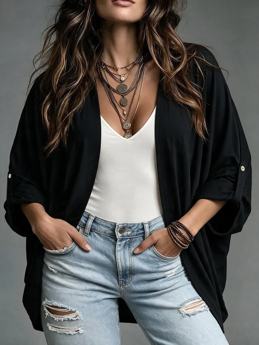 SHEIN LUNE CURVE Plus Size Women's Casual Fashion Versatile Long Sleeve Jacket Suitable For Autumn/Winter Fall - Black - View 1