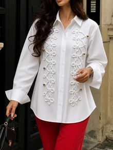 SHEIN PariChic New Chinese Style Striped Frog Button Decor White Shirt Women Loose Long Sleeve Lapel Collar Niche Premium Blouse - White - View 4