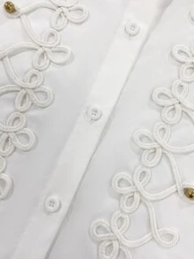 SHEIN PariChic New Chinese Style Striped Frog Button Decor White Shirt Women Loose Long Sleeve Lapel Collar Niche Premium Blouse - White - View 5