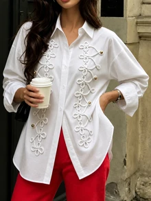 SHEIN PariChic New Chinese Style Striped Frog Button Decor White Shirt Women Loose Long Sleeve Lapel Collar Niche Premium Blouse - White - View 3