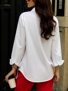 SHEIN PariChic New Chinese Style Striped Frog Button Decor White Shirt Women Loose Long Sleeve Lapel Collar Niche Premium Blouse - White - View 2