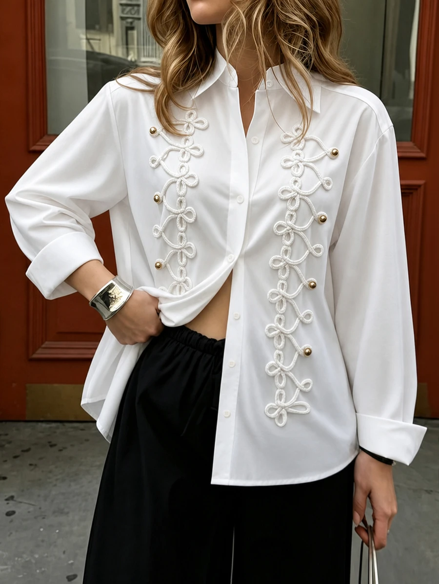 SHEIN PariChic New Chinese Style Striped Frog Button Decor White Shirt Women Loose Long Sleeve Lapel Collar Niche Premium Blouse - White - View 1