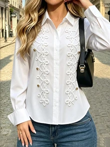 SHEIN PariChic New Chinese Style Striped Frog Button Decor White Shirt Women Loose Long Sleeve Lapel Collar Niche Premium Blouse - White - View 6