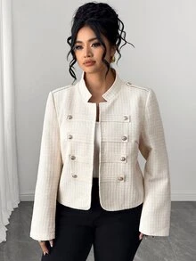 Easura Autumn/Winter New Arrival Stand Collar Gold Button Design Fashion French Casual Plus Size Women's Jacket - Beige - View 7