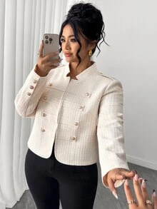 Easura Autumn/Winter New Arrival Stand Collar Gold Button Design Fashion French Casual Plus Size Women's Jacket - Beige - View 6