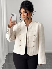 Easura Autumn/Winter New Arrival Stand Collar Gold Button Design Fashion French Casual Plus Size Women's Jacket - Beige - View 5