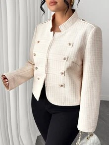 Easura Autumn/Winter New Arrival Stand Collar Gold Button Design Fashion French Casual Plus Size Women's Jacket - Beige - View 8