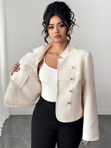 Easura Autumn/Winter New Arrival Stand Collar Gold Button Design Fashion French Casual Plus Size Women's Jacket - Beige - View 9