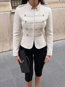 Easura Autumn/Winter New Arrival Stand Collar Gold Button Design Fashion French Casual Plus Size Women's Jacket - Beige - View 3