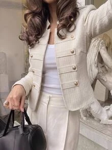 Easura Autumn/Winter New Arrival Stand Collar Gold Button Design Fashion French Casual Plus Size Women's Jacket - Beige - View 1