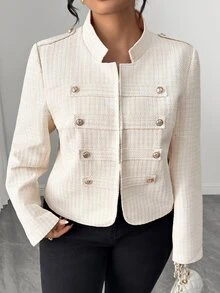 Easura Autumn/Winter New Arrival Stand Collar Gold Button Design Fashion French Casual Plus Size Women's Jacket - Beige - View 4
