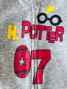 PrepCrw HARRY POTTER X SHEIN 男嬰休閒圖案灰色數字圖案連身褲長褲，適合室內、日常、運動、拍照、秋冬假期 - 灰色 - 查看 4