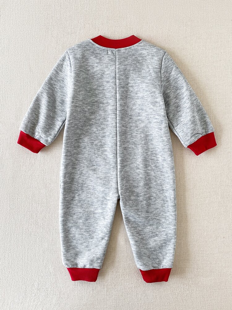 PrepCrw HARRY POTTER X SHEIN Unisex Baby Boy/Girl Loose Knit Soft Turn-Down Collar Long Sleeve C Letter Patch Romper With Zipper Soft And Comfortable Outings Suitable Fall/Winter - Grey - View 3