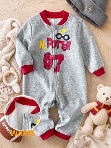PrepCrw HARRY POTTER X SHEIN 男嬰休閒圖案灰色數字圖案連身褲長褲，適合室內、日常、運動、拍照、秋冬假期 - 灰色 - 查看 6