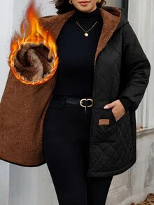 SHEIN Clasi 大尺碼女款純色保暖內裡時尚百搭冬季加厚外套 適合辦公室、家庭、度假 黑色 - 摩卡棕 - 查看 2