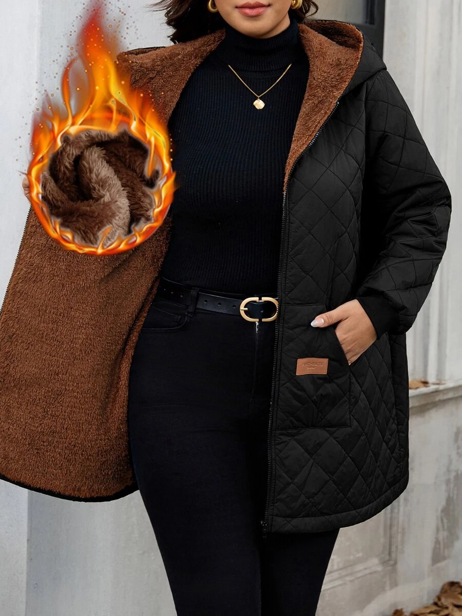 SHEIN Clasi 大尺碼女款純色保暖內裡時尚百搭冬季加厚外套 適合辦公室、家庭、度假 黑色