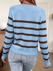 Easowa 藍色與棕色條紋圖案毛衣，秋冬風格早午餐休閒法式早午餐 - 彩色 - 查看 9