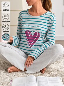 SHEIN 100%Cotton Plus Size 2 Pcs Stripe And Heart Patterned Long Sleeve Heart Patterned Sleep Top Pajama - Multicolor - View 2