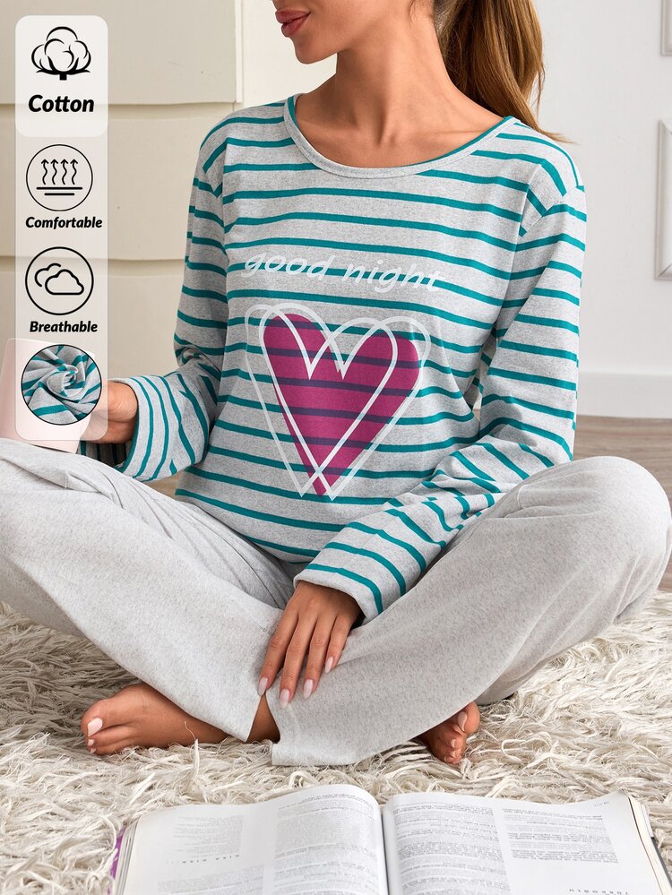 SHEIN 100%Cotton Plus Size 2 Pcs Stripe And Heart Patterned Long Sleeve Heart Patterned Sleep Top Pajama - Multicolor - View 1