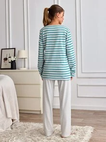 SHEIN 100%Cotton Plus Size 2 Pcs Stripe And Heart Patterned Long Sleeve Heart Patterned Sleep Top Pajama - Multicolor - View 3