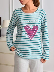 SHEIN 100%Cotton Plus Size 2 Pcs Stripe And Heart Patterned Long Sleeve Heart Patterned Sleep Top Pajama - Multicolor - View 7