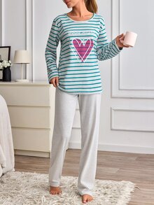 SHEIN 100%Cotton Plus Size 2 Pcs Stripe And Heart Patterned Long Sleeve Heart Patterned Sleep Top Pajama - Multicolor - View 6