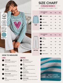 SHEIN 100%Cotton Plus Size 2 Pcs Stripe And Heart Patterned Long Sleeve Heart Patterned Sleep Top Pajama - Multicolor - View 5