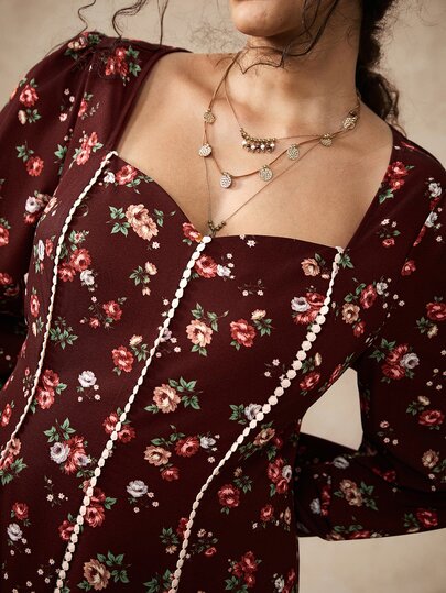 Nubod Plus Size Square Neck Lace Long Sleeve Brown Small Ditsy Floral Early Autumn Cinched Waist A-Line Slimming Coffee Color Elegant Commute Versatile Date Women Long Dress