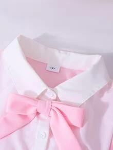 SHEIN 少女甜美学院风蝴蝶结领金属扣撞色二合一休闲连衣裙 - 粉色 - 查看 9