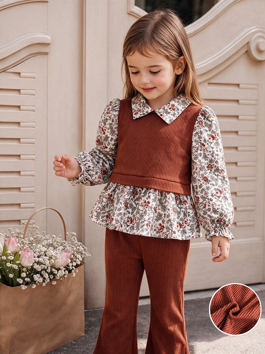 SHEIN Young Girls Casual Floral Fake Two Piece Peter Pan Collar Top & Flared Pants Ribbed Knit 2 Pieces Set - Brown - View 1