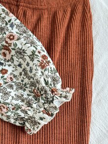 SHEIN 少女休閒花卉假兩件式彼得潘領上衣與喇叭褲羅紋針織兩件套 - 棕色 - 查看 6
