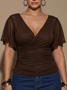 SHEIN BAE V-Neck Criss-Cross Design Slimming Waist Solid Color Versatile Minimalist Top - Coffee Brown - View 9