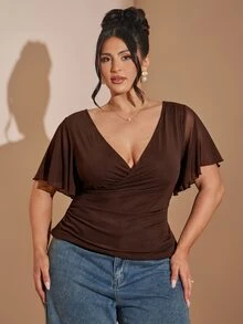 SHEIN BAE V-Neck Criss-Cross Design Slimming Waist Solid Color Versatile Minimalist Top - Coffee Brown - View 4