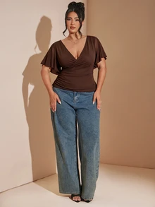 SHEIN BAE V-Neck Criss-Cross Design Slimming Waist Solid Color Versatile Minimalist Top - Coffee Brown - View 3