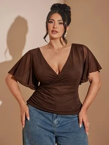 SHEIN BAE V-Neck Criss-Cross Design Slimming Waist Solid Color Versatile Minimalist Top - Coffee Brown - View 7