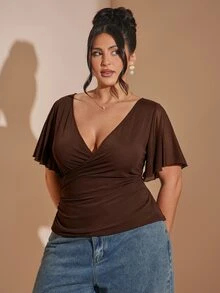 SHEIN BAE V-Neck Criss-Cross Design Slimming Waist Solid Color Versatile Minimalist Top - Coffee Brown - View 8