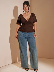 SHEIN BAE V-Neck Criss-Cross Design Slimming Waist Solid Color Versatile Minimalist Top - Coffee Brown - View 5