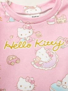 HELLO KITTY AND FRIENDS | SHEIN 3件組女嬰優雅可愛休閒針織卡通圖案長袖圓領連身衣 白色淺粉紫色 秋季親子套裝 - 彩色 - 查看 5