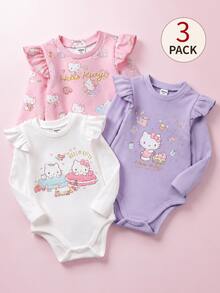 HELLO KITTY AND FRIENDS | SHEIN 3件組女嬰優雅可愛休閒針織卡通圖案長袖圓領連身衣 白色淺粉紫色 秋季親子套裝 - 彩色 - 查看 10