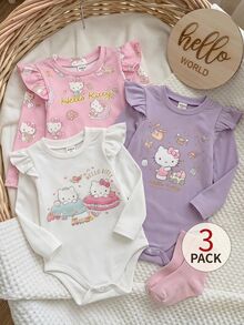 HELLO KITTY AND FRIENDS | SHEIN 3件組女嬰優雅可愛休閒針織卡通圖案長袖圓領連身衣 白色淺粉紫色 秋季親子套裝 - 彩色 - 查看 1