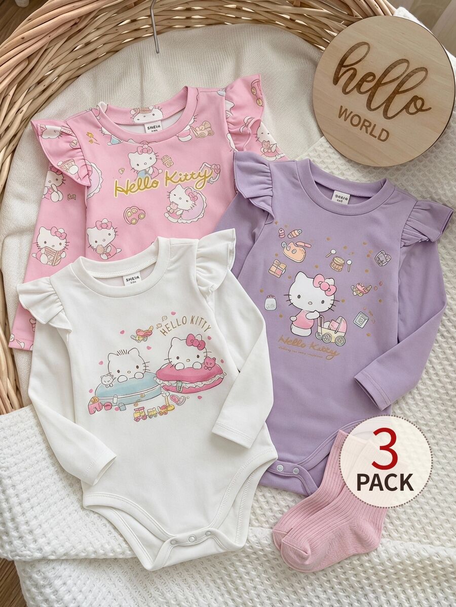 HELLO KITTY AND FRIENDS | SHEIN 3件組女嬰優雅可愛休閒針織卡通圖案長袖圓領連身衣 白色淺粉紫色 秋季親子套裝 - 彩色 - 查看 1