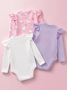 HELLO KITTY AND FRIENDS | SHEIN 3件組女嬰優雅可愛休閒針織卡通圖案長袖圓領連身衣 白色淺粉紫色 秋季親子套裝 - 彩色 - 查看 3