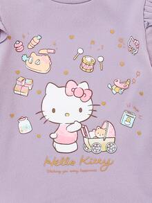 HELLO KITTY AND FRIENDS | SHEIN 3件組女嬰優雅可愛休閒針織卡通圖案長袖圓領連身衣 白色淺粉紫色 秋季親子套裝 - 彩色 - 查看 6