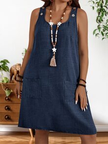 EMERY ROSE Plus Size Women Navy Blue Summer Boho Vacation Casual Solid Color Scoop Neck Patchwork Pocket Loose Dress,Flowy Sun Dresses,Modest Holiday Outfits - Navy Blue - View 5
