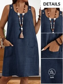 EMERY ROSE Plus Size Women Navy Blue Summer Boho Vacation Casual Solid Color Scoop Neck Patchwork Pocket Loose Dress,Flowy Sun Dresses,Modest Holiday Outfits - Navy Blue - View 1