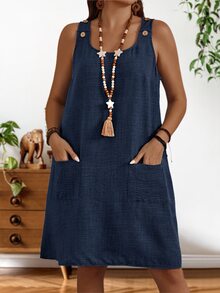 EMERY ROSE Plus Size Women Navy Blue Summer Boho Vacation Casual Solid Color Scoop Neck Patchwork Pocket Loose Dress,Flowy Sun Dresses,Modest Holiday Outfits - Navy Blue - View 4