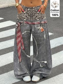 Muchica Leopard Print Patchwork Curved Leg Women's Jeans Digital Printed Street Jeans For Young And Casual Wear 2000s Style 2000 Y2k - Multicolor - View 7