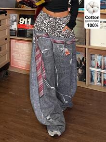 Muchica Leopard Print Patchwork Curved Leg Women's Jeans Digital Printed Street Jeans For Young And Casual Wear 2000s Style 2000 Y2k - Multicolor - View 1